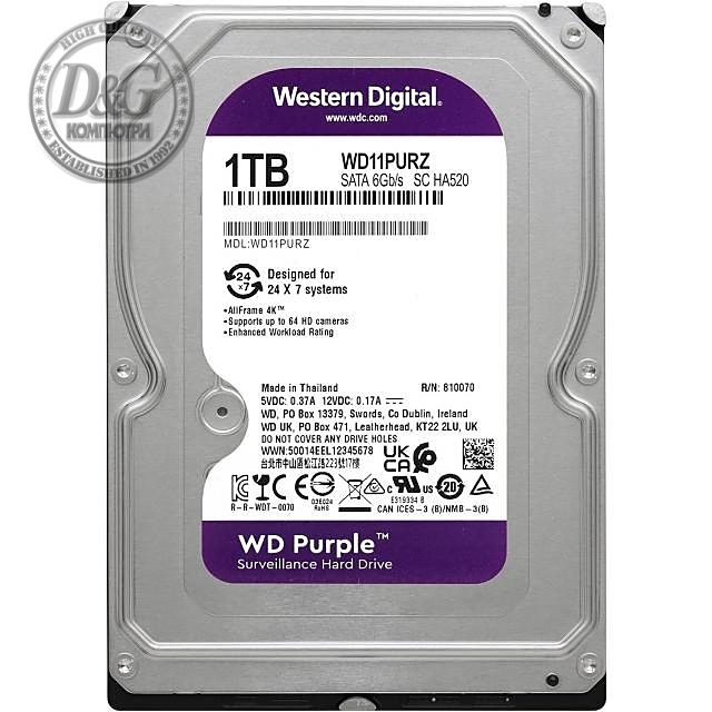 Хард диск WD Purple WD11PURZ, 1TB, 5400rpm, 64MB, SATA 3