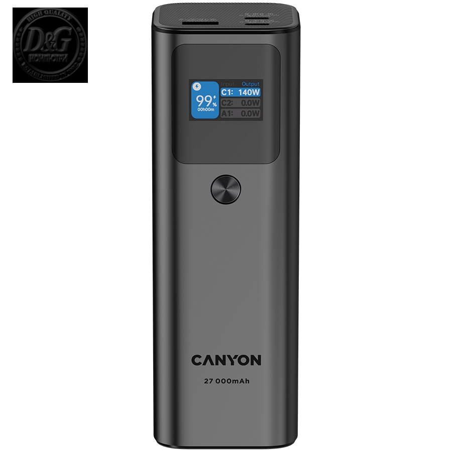 CANYON PB-2010, allowed for air travel power bank 27000mAh/97.2Wh Li-poly battery, in/out:2xUSB-C PD3.1 140W, out:USB-A QC 3.0 22.5W,TFT display,Dark Grey