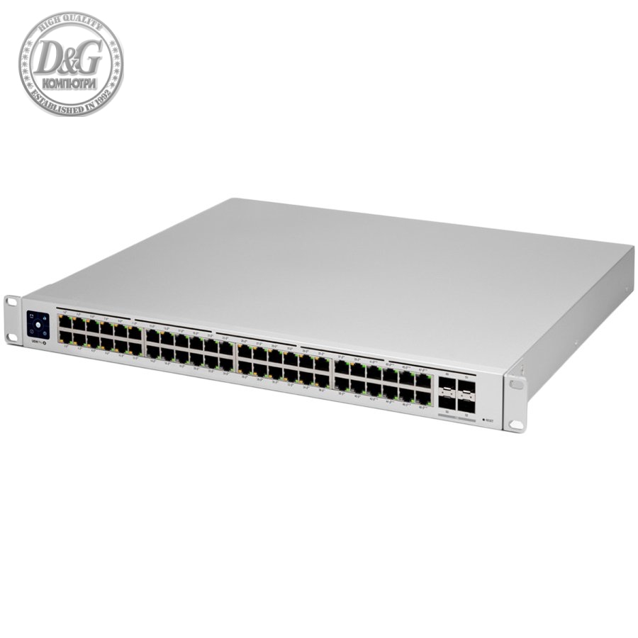 Ubiquiti USW-PRO-48-POE 48 port gigabit L3 PoE++ switch, 40 x GbE PoE+ Ports, 8 x GbE PoE++ ports, 4 x 10G SFP+ ports, 600W total PoE availability, Layer 3 switching, Near-silent cooling, LCM display 1.3" touchscreen