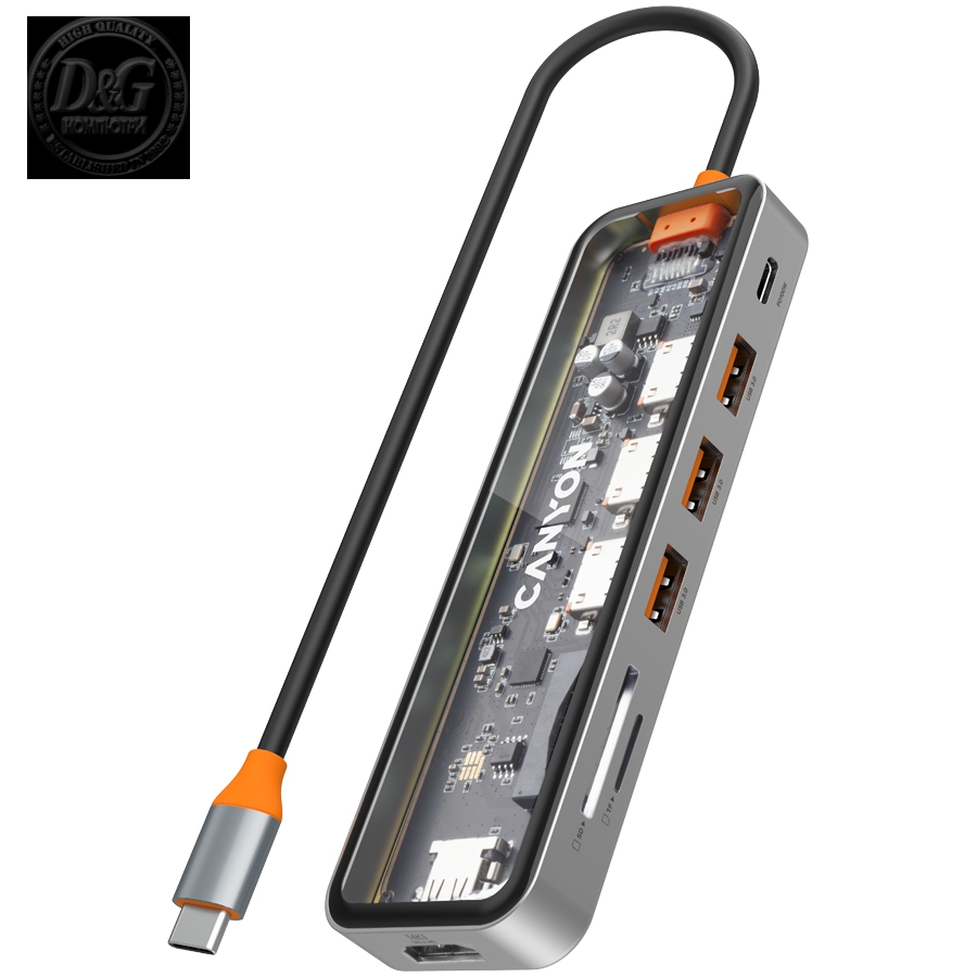 CANYON DS-13, USB-hub, Size: 137.9mm*42.7mm*15mm Weight: 167.5gCable length: 155mm Material: Zinc alloy+Tempered glass+TPE Port: Type-C To USB3.0*3(5Gbps)+SD/TF 3.0(5Gbps)+HDMI(4K@30Hz),Space Grey