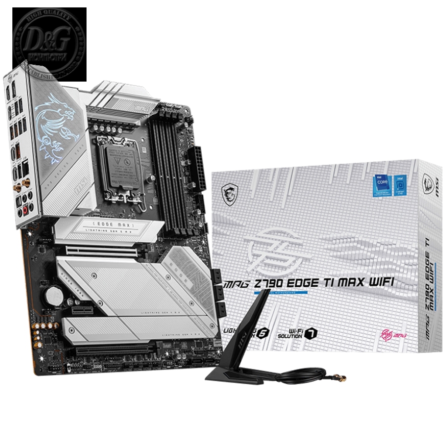 MSI MPG Z790 EDGE TI MAX WIFI, ATX, LGA 1700, Dual Channel 4xDDR5 7800+(OC)MHz, 2x PCIe x16 slots, 5x M.2 slots, 1x HDMI, 1x DP, 1x USB 3.2 Gen 2x2, 4x USB 3.2 Gen 2, 4x USB 2.0, Type-C, 7.1 HD Audio, 2.5Gbps LAN, WI-FI 6E, BT, 3Y