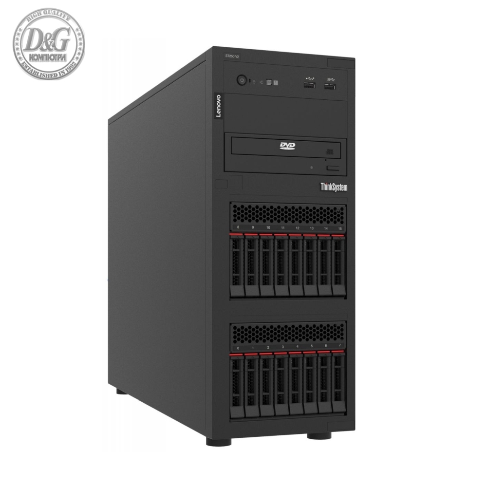 Lenovo ThinkSystem ST250 V2 Xeon E-2356G (6C, 3.2GHz, 12MB Cache/80W), 1x32GB, O/B, 2.5" HS (8), 5350-8i, HS 750W Titanium, XCC Enterprise, No DVD