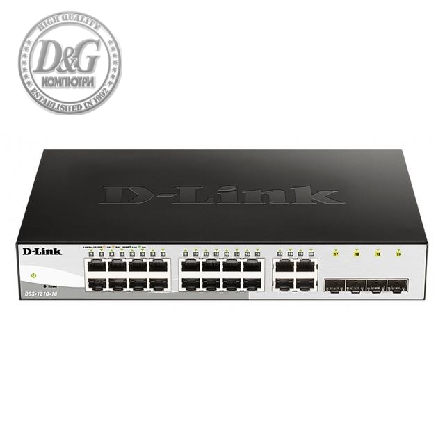 Суич D-Link DGS-1210-16/E, 16-портов 10/100/1000 Gigabit Smart Switch including 4 Combo 1000BaseT/SFP, управляем, за монтаж в шкаф