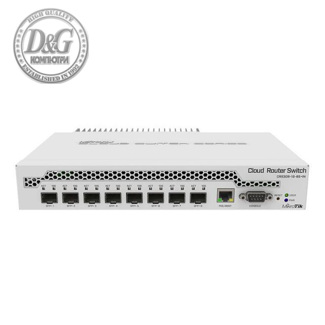 Суич MikroTik CRS309-1G-8S+IN, LAN 1 x Gigabit Ethernet ports, 8 x SFP+ 10Gbps, PoE in