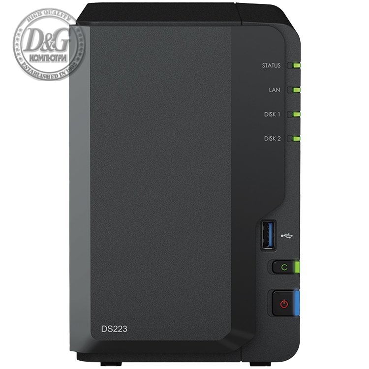 Synology DiskStation DS223, Tower, 2-bays 3.5'' SATA HDD/SSD, CPU 4-core 1.7 GHz, 2 GB DDR4 non-ECC, RJ-45 1GbE LAN Port, 3 x USB 3.2 Gen 1 Port, 1.28 kg, 2y