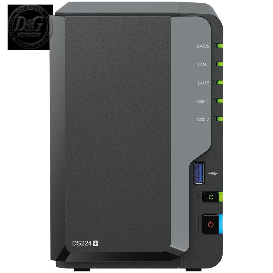 Synology DS224+,Tower, 2-bays 3.5'' SATA HDD/SSD, CPU Intel Celeron J4125 4-core (4-thread) 2.0 GHz, burst up to 2.7 GHz; 2GB DDR4 (expandable up to 6 GB) ; 2 x RJ-45 1GbE LAN Ports; 2x USB 3.2 Gen 1; 1.3 kg; 2yr warranty