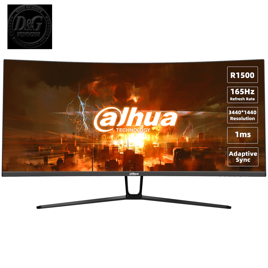 Dahua LM34-E330C Curved Gaming Monitor, 34" UWQHD (3440x1440), VA, 165Hz, 350 nits, 120% sRGB, 21:9, 3000:1, 178°/178°, 1ms, VESA, 2x DP 1.4, 2x HDMI 2.0, 1x Audio out, DC 12V, 2A, 78W.