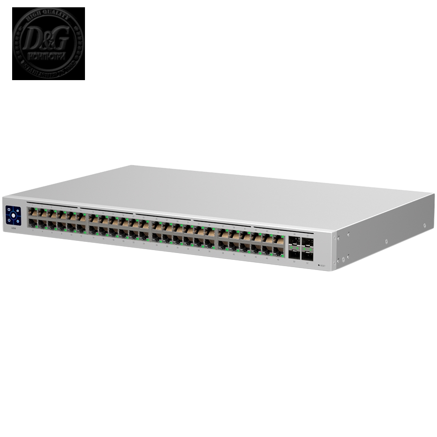 Ubiquiti USW-48 48-port, Layer 2 switch, 48 x GbE ports, 4 x 1G SFP ports, Fanless, silent cooling, ESD/EMP protection, 1.3" touchscreen LCM display, Rackmount (Kit included)