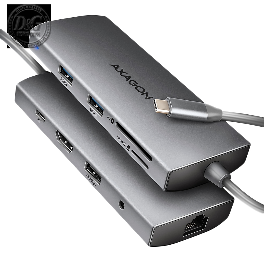 AXAGON HMC-8HLSA USB-C 3.2 Gen 1 hub, 3x USB-A + 4K/30Hz HDMI + SD/microSD, GLAN, Audio, PD 100W, 20cm USB-C cable