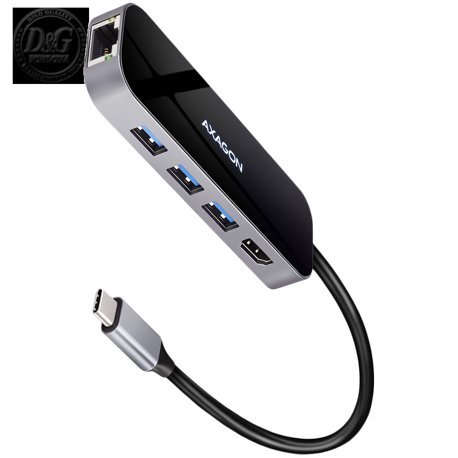 Axagon Multiport USB 3.2 Gen 1 hub. HDMI, Gigabit LAN and Power Delivery. 20 cm USB-C cable.