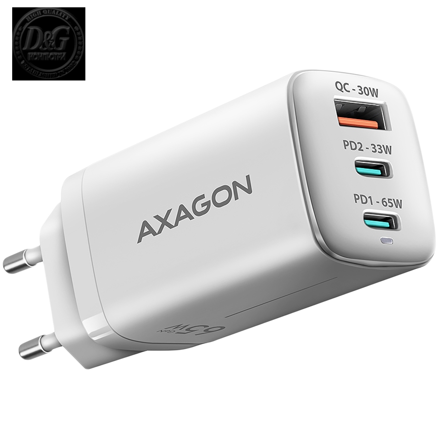 AXAGON ACU-DPQ65W GaN Wall charger, 3x port (USB + dual USB-C), PD3.0/QC4+/PPS/Apple, 65W, white