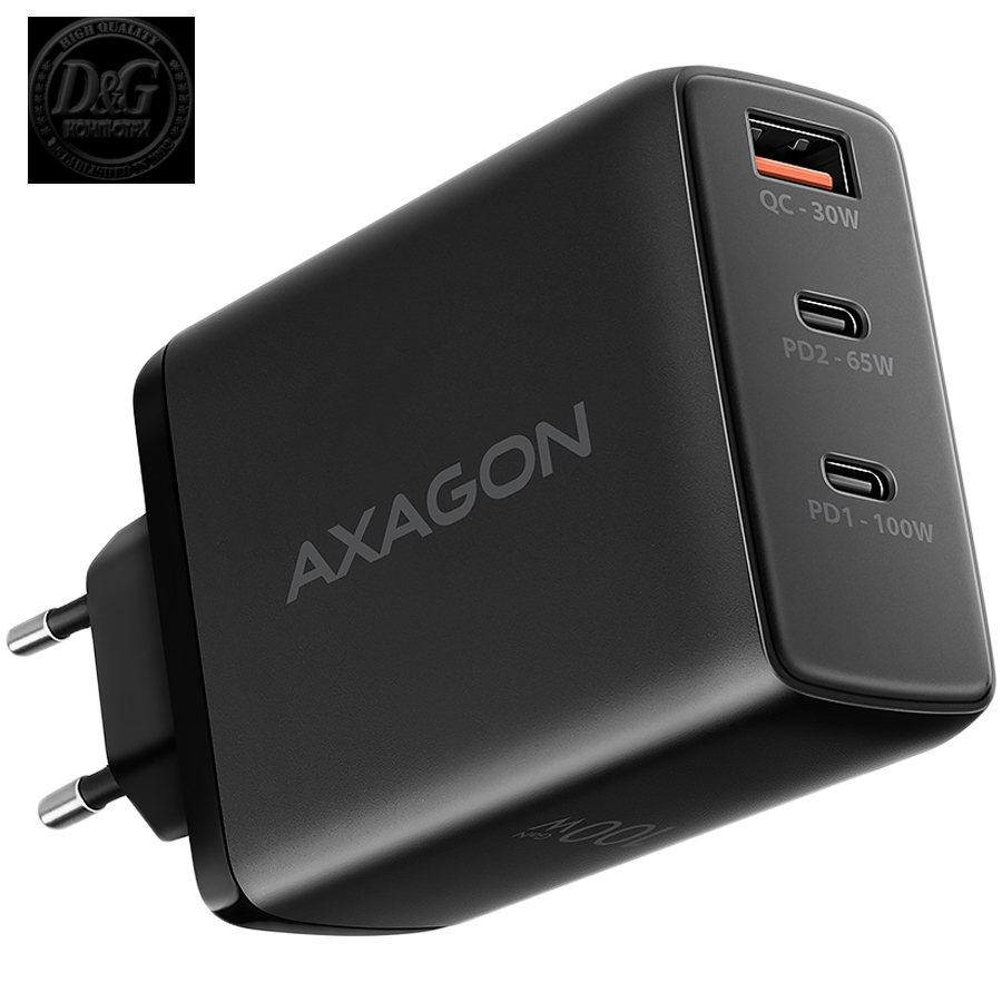 AXAGON ACU-DPQ100 GaN Wall charger, 3x port (USB + dual USB-C), PD3.0/QC4+/PPS/Apple, 100W, black