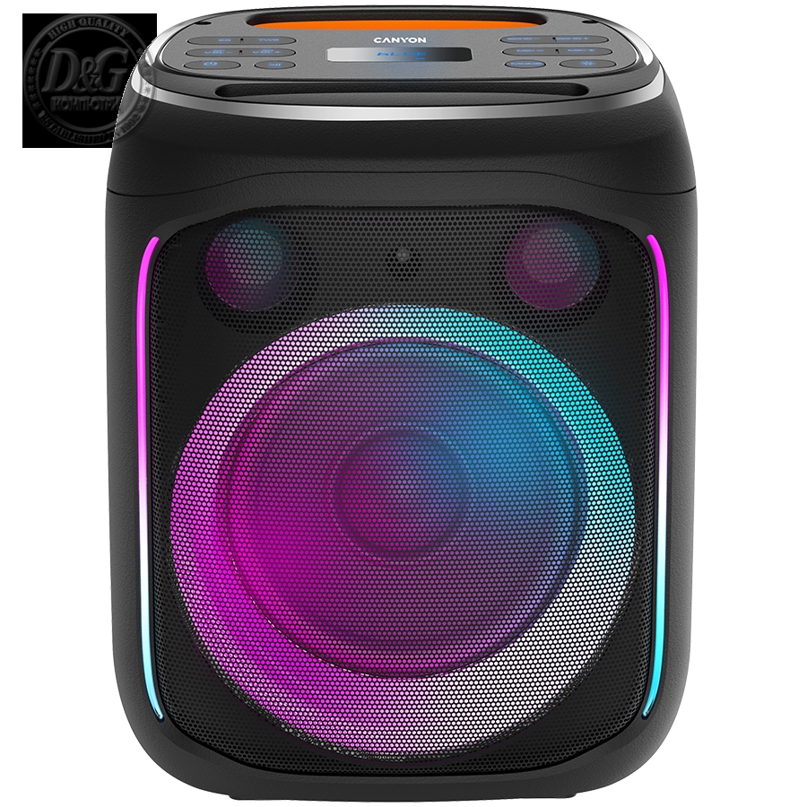 CANYON OnFun 5, Partybox speaker,Spec: speaker drivers: 6.5''+1.5'tweeter Power Output : 40W Lithium Battery : 7.4v 3600mAh Function : AUX+TF+MIC+BT+USB+DSP+EQ+ehco+. Color: Black body,orange handle.