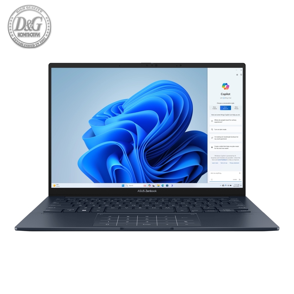 Asus Zenbook UX3405MA-PP287W, INTEL ULTRA 9 185H,14."OLED ,WQXGA+(WQ+) 2880X1800 16:10, DDR5 32GB(ON BD.), 1 TB PCIEG4 SSD, Intel Art Graphics, Widnows 11, Blue