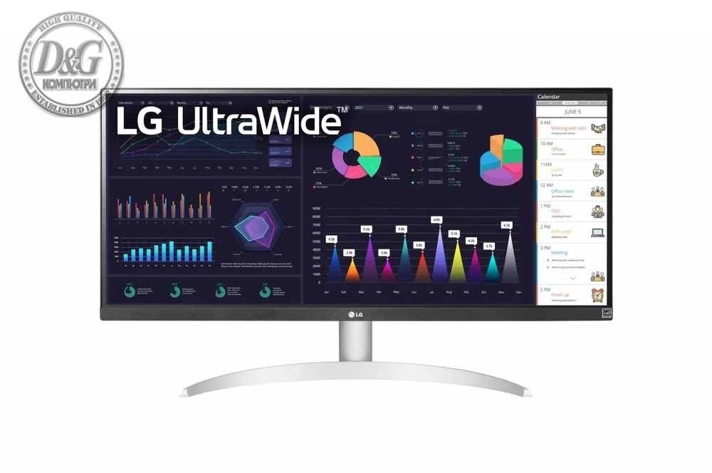 LG 29WQ600-W, 29" UltraWide Full HD, IPS Panel, 1ms MBR, 1000:1, 250 cd/m2, 21:9, 2560 x 1080, HDR 10, sRGB 99%, FreeSync, 100Hz, USB Type-C, Speacers, HDMI, DP, Tilt, Headphone Out, Black