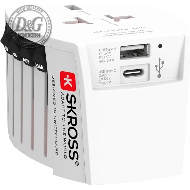 Адаптер SKROSS PRO MUV USB-A, USB-C, 1.302962, World, Бял