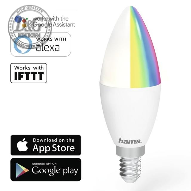 Димираща RGB крушка HAMA WiFi-LED, 4.5W, E14, 350 lm