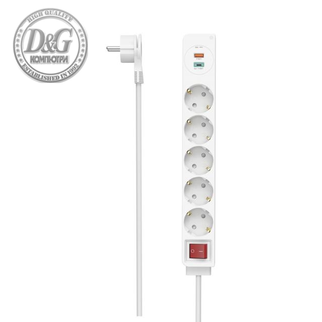 Разклонител HAMA USB-C/USB-A 3.4A, 5 гнезда, 2x USB,PD/Quick charge, макс 18W,1.4м, 3680W, бял