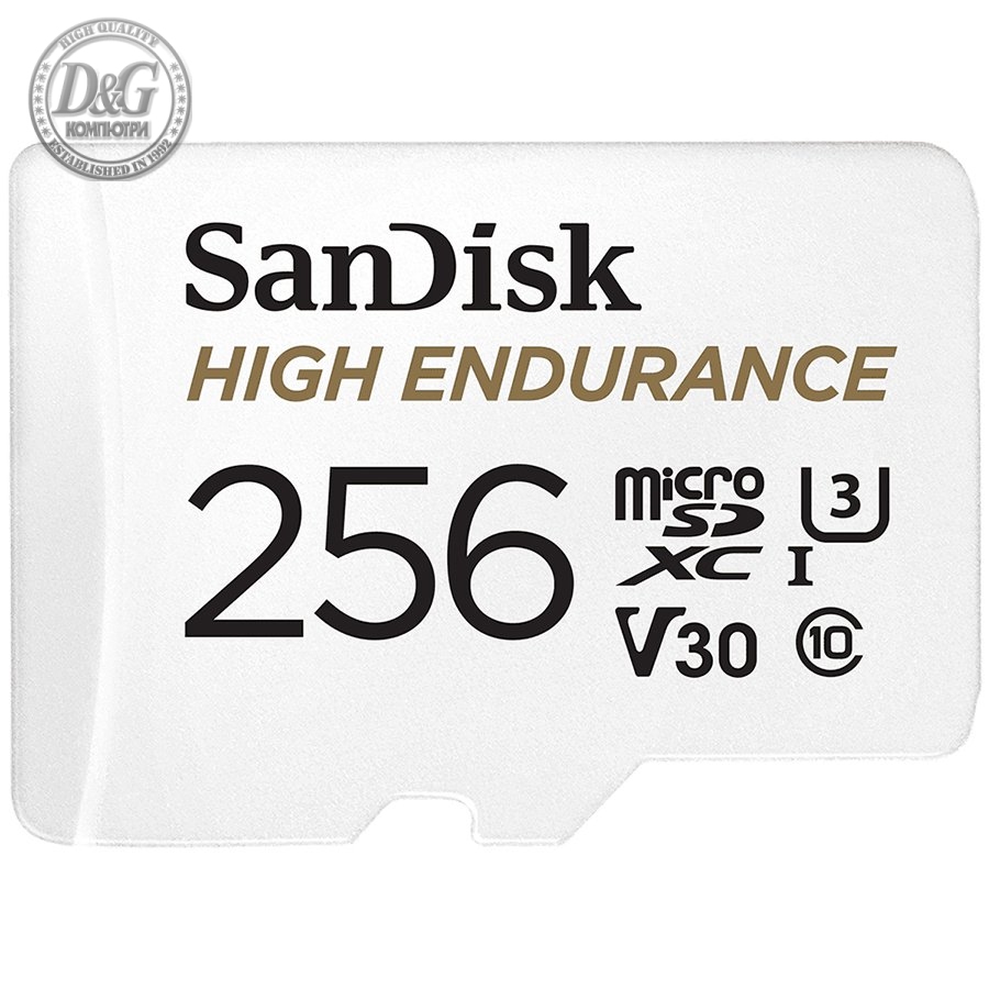 SanDisk High Endurance microSDXC 256GB + SD Adapter - for dash cams & home monitoring, up to 20,000 Hours, Full HD / 4K videos, up to 100/40 MB/s Read/Write speeds, C10, U3, V30, EAN: 619659173227