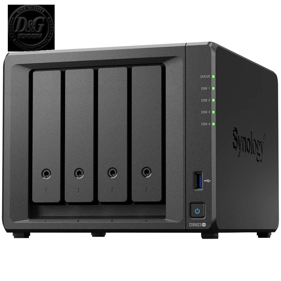 Synology DiskStation DS923+, Tower, 4-Bays 3.5'' SATA HDD/SSD, 2 x M.2 2280 NVMe SSD slot, CPU AMD R1600 2-core 2.6 (base) / 3.1 (turbo) GHz, 4 GB DDR4 ECC, 2x RJ-45 1GbE LAN Port; 2x USB 3.2; eSATA port; 2.24 kg; 3yr warranty