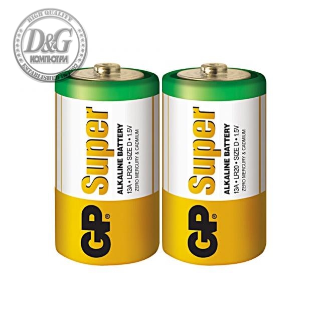 Алкална батерия GP SUPER LR20, 2 бр. в опаковка / shrink, 1.5V GP-BA-13A21-S2