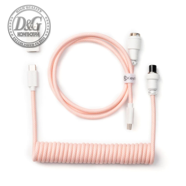 Кабел за клавиатура Keychron Coiled Aviator Straight Custom USB Cable, USB-C - USB-C Light Pink