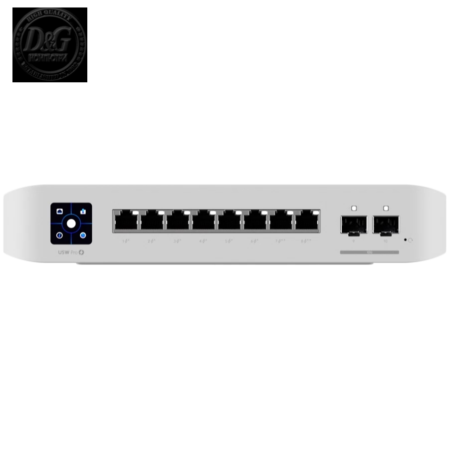 Ubiquiti USW-Pro-8-PoE-EU An 8-port, Layer 3 switch with PoE+ and PoE++ output.