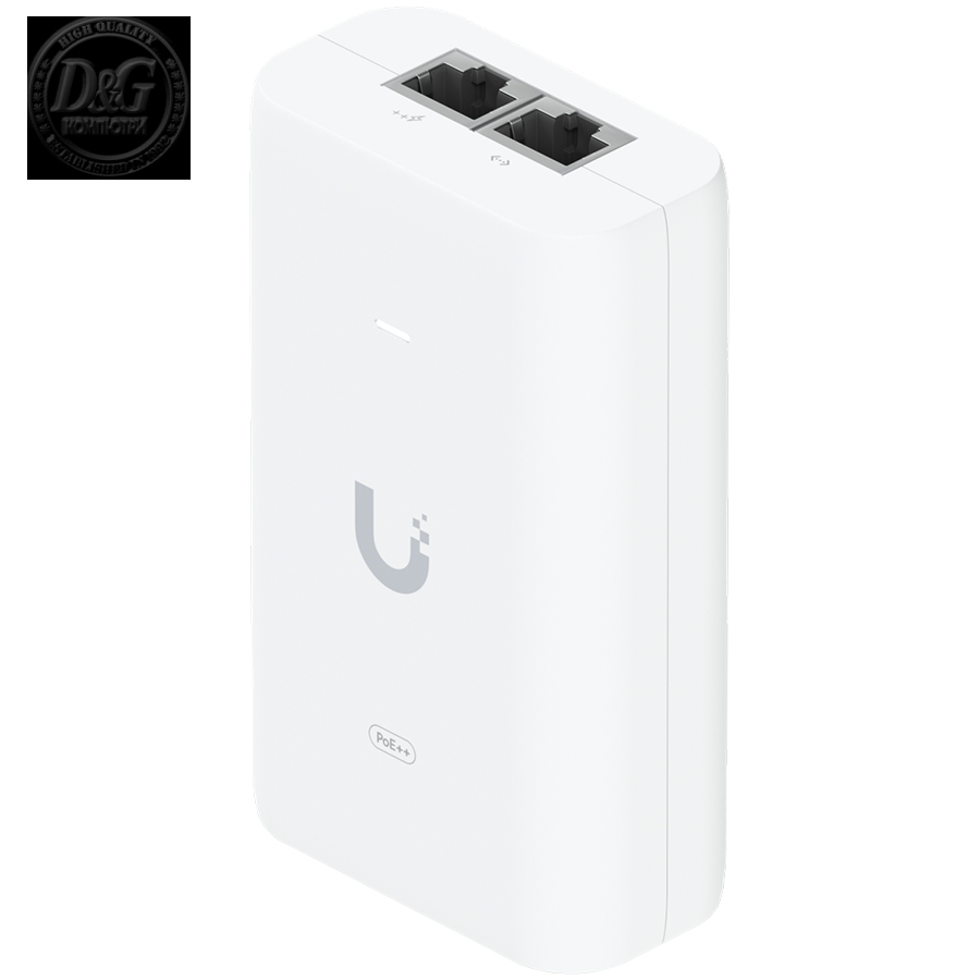 UBIQUITI PoE++ Adapter; Delivers up to 60W of PoE++; Surge, peak pulse, and overcurrent protection; Contains RJ45 data input, AC cable with earth ground, and PoE++ output; LED indicator for status monitoring.