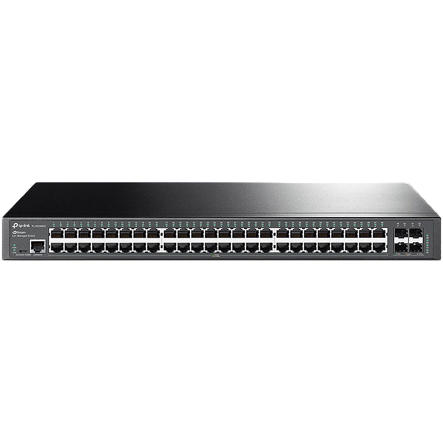 "JetStream 48-Port Gigabit L2+ Managed Switch with 4 10GE SFP+ SlotsPORT: 48× Gigabit RJ45 Ports, 4× 10G SFP+ Slots, RJ45/Micro-USB Console PortSPEC: 1U 19-inch Rack-mountable Steel CaseFEATURE: Integration with Omada SDN Controller, Static Routi