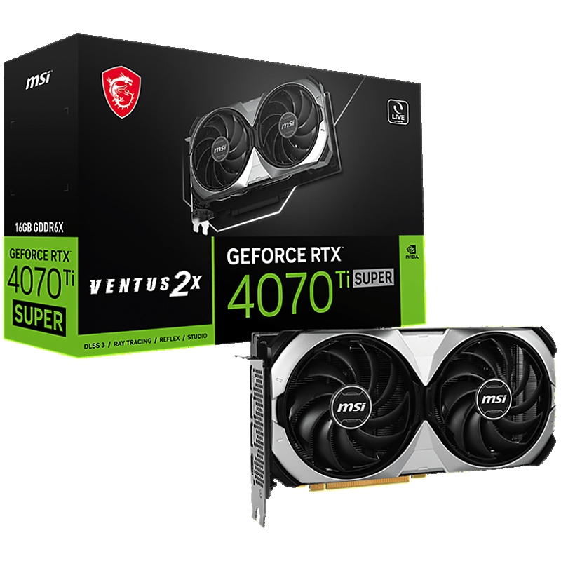 MSI Video Card Nvidia RTX 4070 Ti SUPER 16G VENTUS 2X, 16GB GDDR6X, 256bit, 21Gbps Memory speed, Boost: 2610MHz, 8448 CUDA Cores, 3x DP 1.4a, HDMI 2.1a, RAY TRACING, Dual Fan, 1x 16pin, 700W Recommended PSU, 3Y