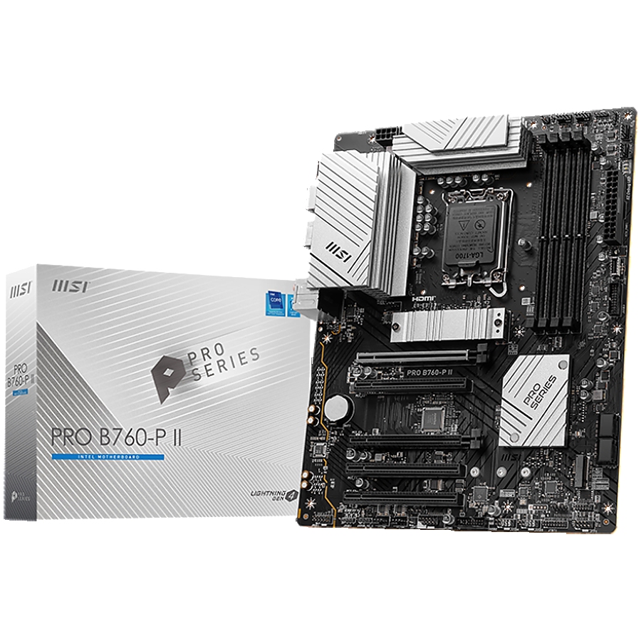 MSI PRO B760-P II, ATX, Intel B760, LGA 1700, Dual Channel DDR4 up to 7000MHz, 4xDDR5, 5x PCIe x16 slots, 2x M.2 slots, 1x HDMI,  4x USB 2.0, 4x USB 5Gbps, 7.1 HD Audio, 2.5G LAN, 4x EZ Debug LED, 3Y