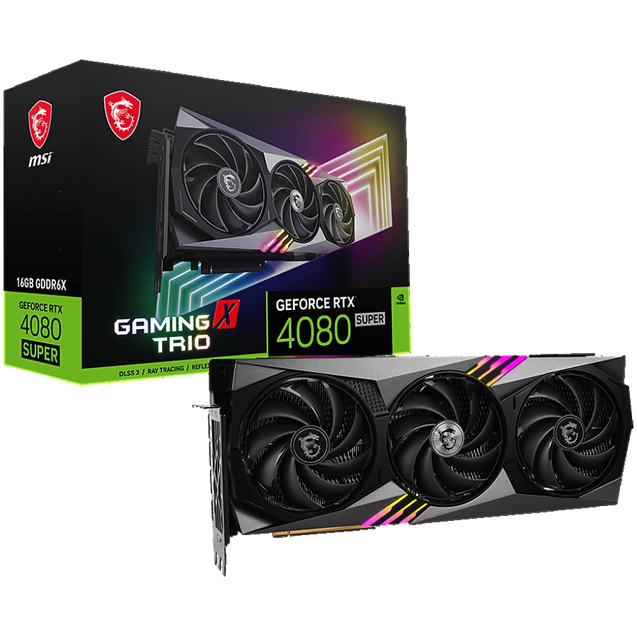 MSI Video Card Nvidia GeForce RTX 4080 SUPER 16G GAMING X TRIO, 16GB GDDR6X, 256-bit, 2610 MHz Boost, 10240 CUDA Cores, 23Gbps Memory speed, PCIe 4.0, 3x DP 1.4a, HDMI 2.1a, RAY TRACING, Triple Fan, 850W Recommended PSU, 3Y