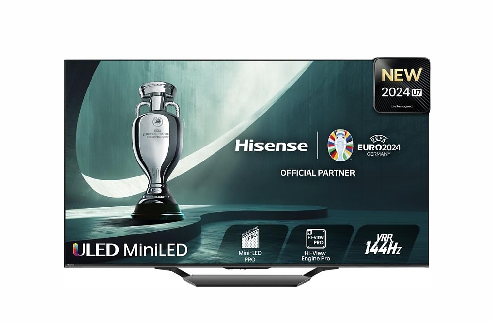 Hisense 55" U7NQ, 4K Ultra HD 3840x2160, ULED, FALD, Quantum Dot, 144Hz, IPS, HDR 10+, HLG, Dolby Vision IQ, Dolby Atmos, Smart TV, WiFi 5GHz, WiFi Direct, BT, Anyview Cast, 4xHDMI, 2xUSB, LAN, CI+, DVB-T2/C/S2, Black