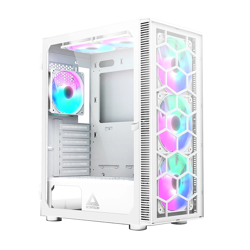 Montech кутия X3 GLASS, Mid-tower Case, TG, 6 fixed RGB Fans, White