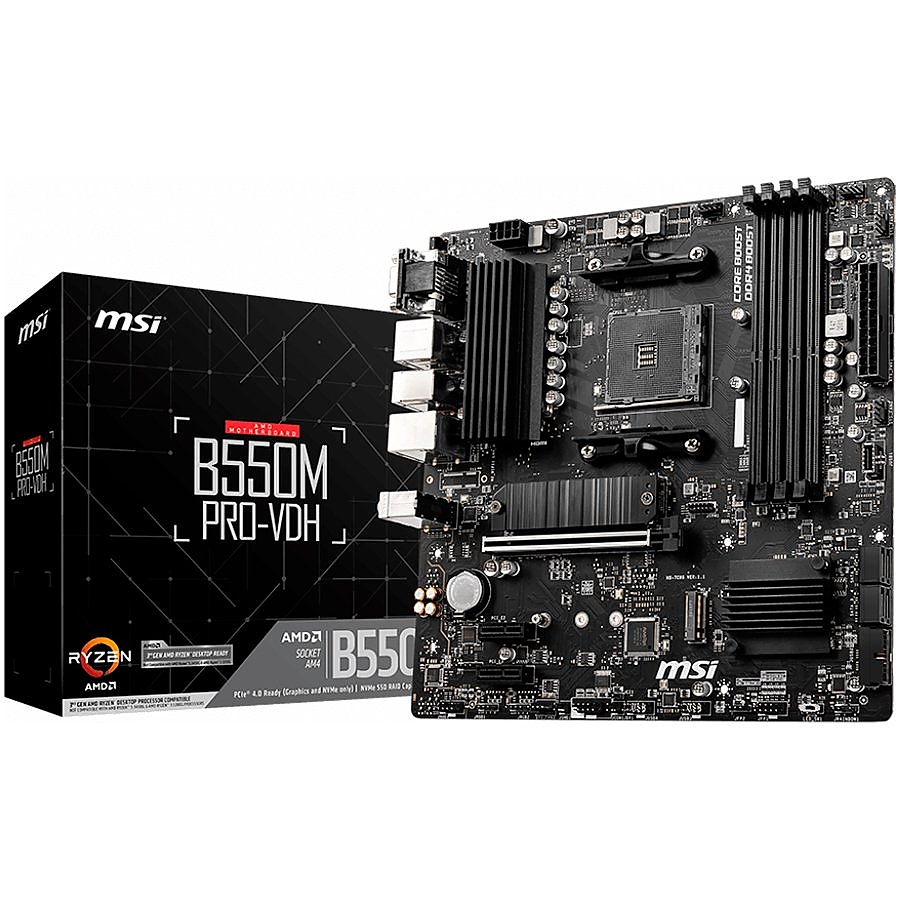 MSI B550M PRO-VDH,m-ATX,Socket AM4,AMD B550 Chipset,4 DIMMs,Dual Channel DDR4 up to 4400+(OC)MHz,1x PCIe 4.0/3.0 x16 slot,2x M.2 slots,4x USB 3.2 Gen 1,2x USB 2.0,1x HDMI,1x DP,1x VGA,1G LAN,7.1 Audio,3y warranty