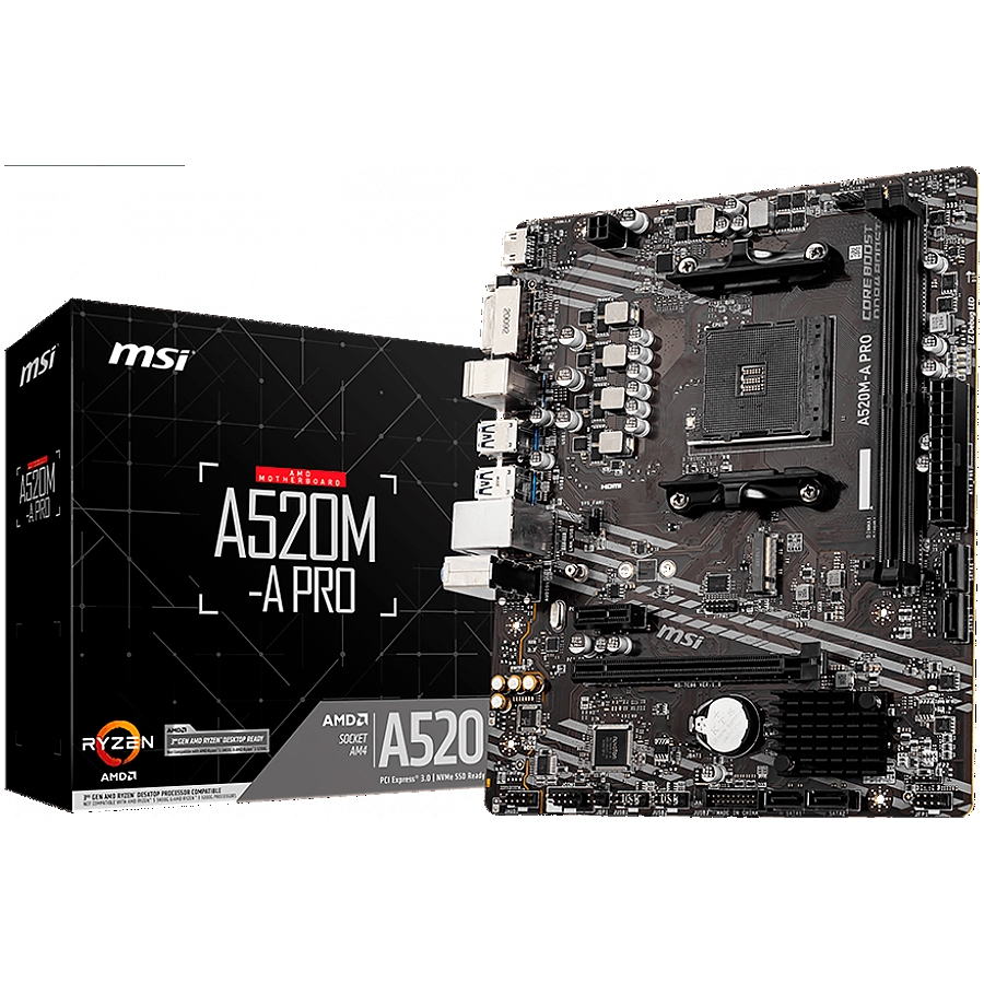 MSI Main Board Desktop A520M (AM4, 2xDDR4, 1xPCI-Ex16, 1xPCI-Ex1, M.2, 4xSATA3, 6xUSB3.2 Gen1, 6xUSB2.0, HD Audio, DVI-D, HDMI, GLAN) mATX Retail