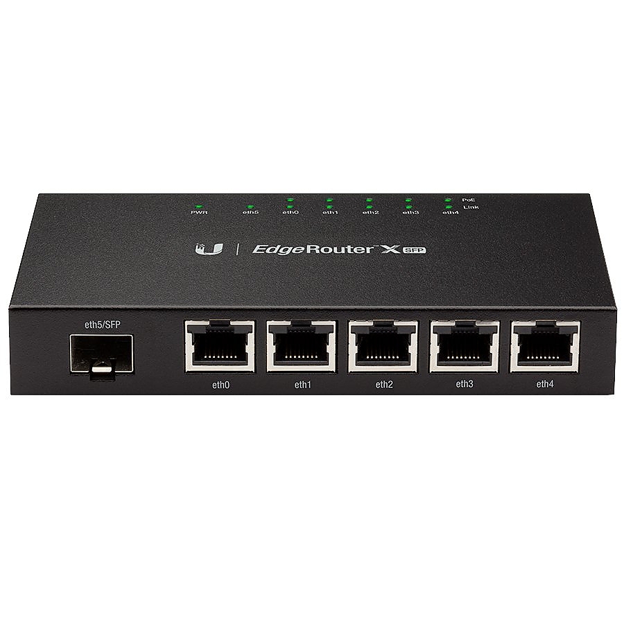 UBIQUITI EdgeRouter X SFP; (5) GbE RJ45 ports with 24V passive PoE; (1) SFP port; 50W total PoE availability.