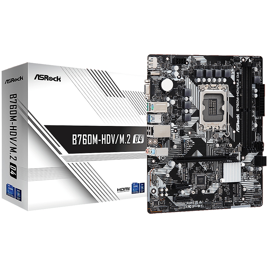 ASROCK MB Desktop B760M-HDV/M.2 D4 (S1700, 2x DDR4, 1x PCIe 4.0 x16, 2x PCIe 3.0 x1, 1x Hyper M.2 PCIe Gen4x4, 1x M.2 Ultra Gen3x4, 4x SATA3, 1x USB-C, 5x USB 3.2, 5x USB 2.0, 1xRJ-45 1Gbit, 1x VGA, 1x HDMI, 1x DP, mATX