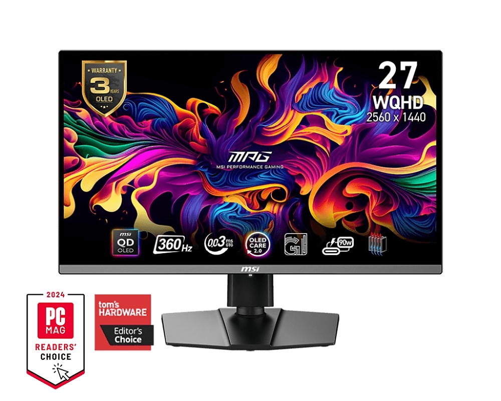 MSI MPG 271QRX QD-OLED, 26.5", 360Hz, 0.03ms, WQHD 2560x1440, Oled Care 2.0, Fanless Design with Graphene, ClearMR 13000, KVM, Mystic Light, AI VISION, 250 nits, 1500000:1, 100M;1, DP (1.4a), 2x HDMI (2.1), Type-C (DP alt. PD 90W), USB HUB, Adj.Stand 110