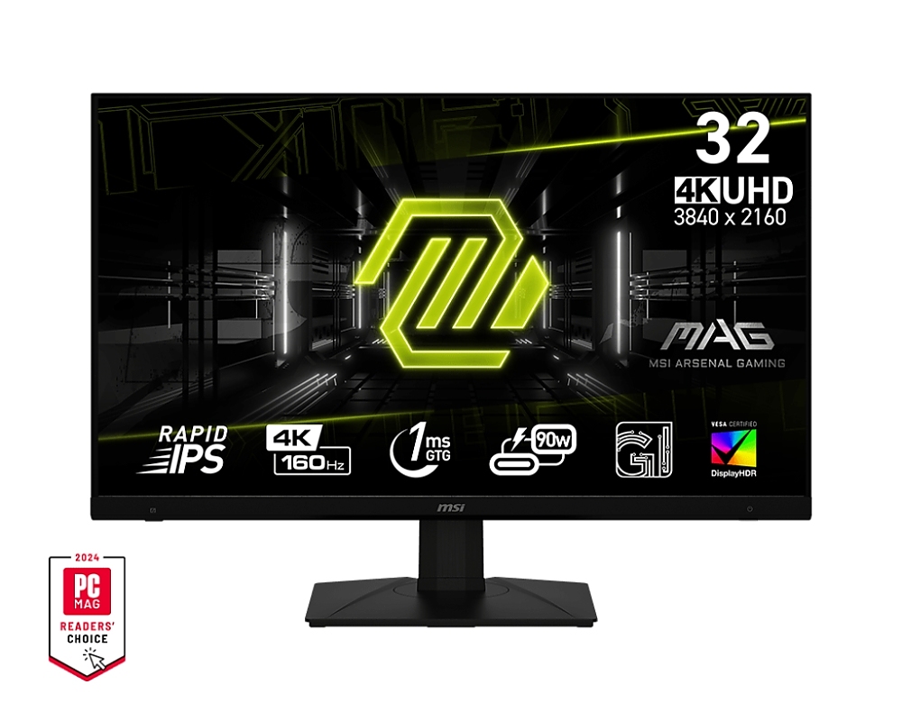 MSI MAG 322UPF, 32", Rapid IPS, 160Hz, 1ms, UHD 3840x2160, FLAT, HDR 400, FreeSync Premium, KVM, Console mode, APP, PIP, PBP, 400 nits, 1000:1, 100M;1, DP (1.4a), 2x HDMI (2.1), 1x Type-C (DP alt. PD 90W), USB HUB, Adj.Stand 100mm, Swivel,Tilt, VESA