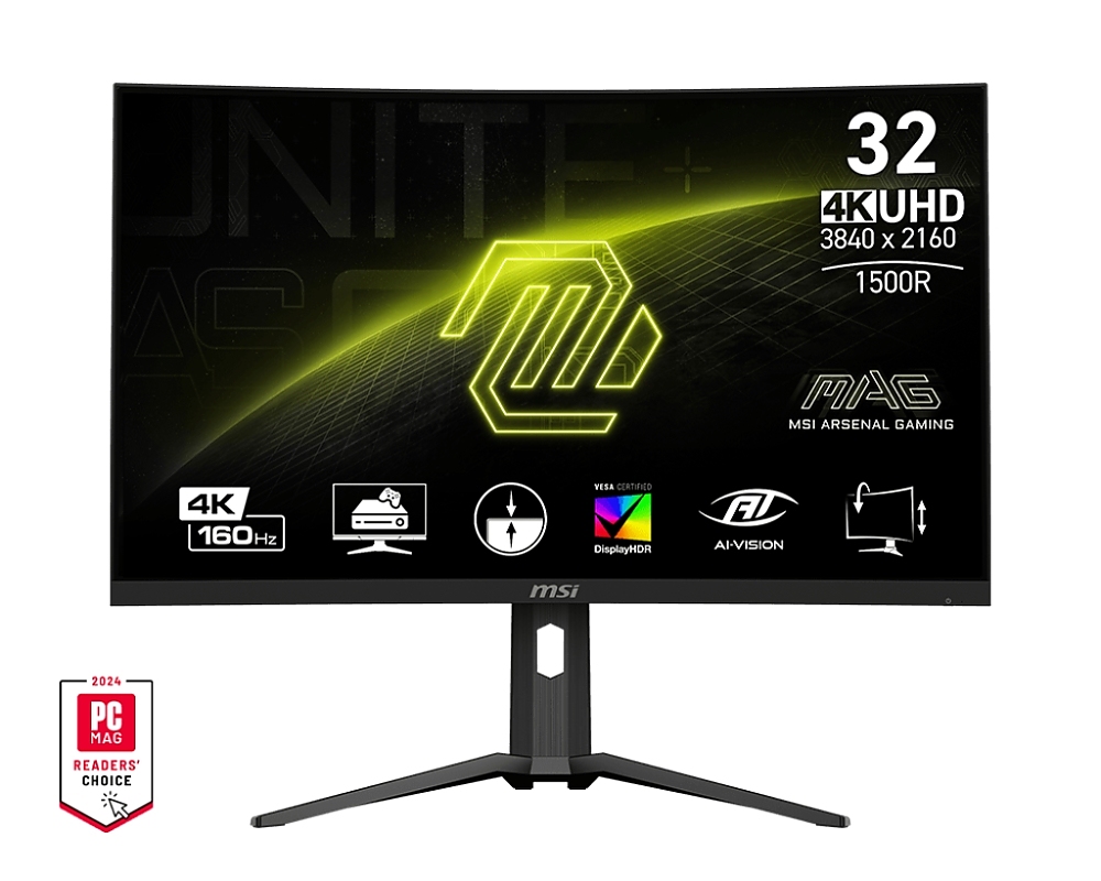 MSI MAG 321CUP, 31.5", VA, 160Hz, 1ms, UHD 3840x2160, Curved, FreeSync Premium, HDR 400, AI VISION, Console Mode, VRR, ALLM, CEC, PIP, PBP, 350 nits, 3000:1, 100M;1, DP (1.4a), 2x HDMI (2.1), 1x Type-C (DP alt. PD 15W), Adj.Stand 130mm, Tilt, VESA