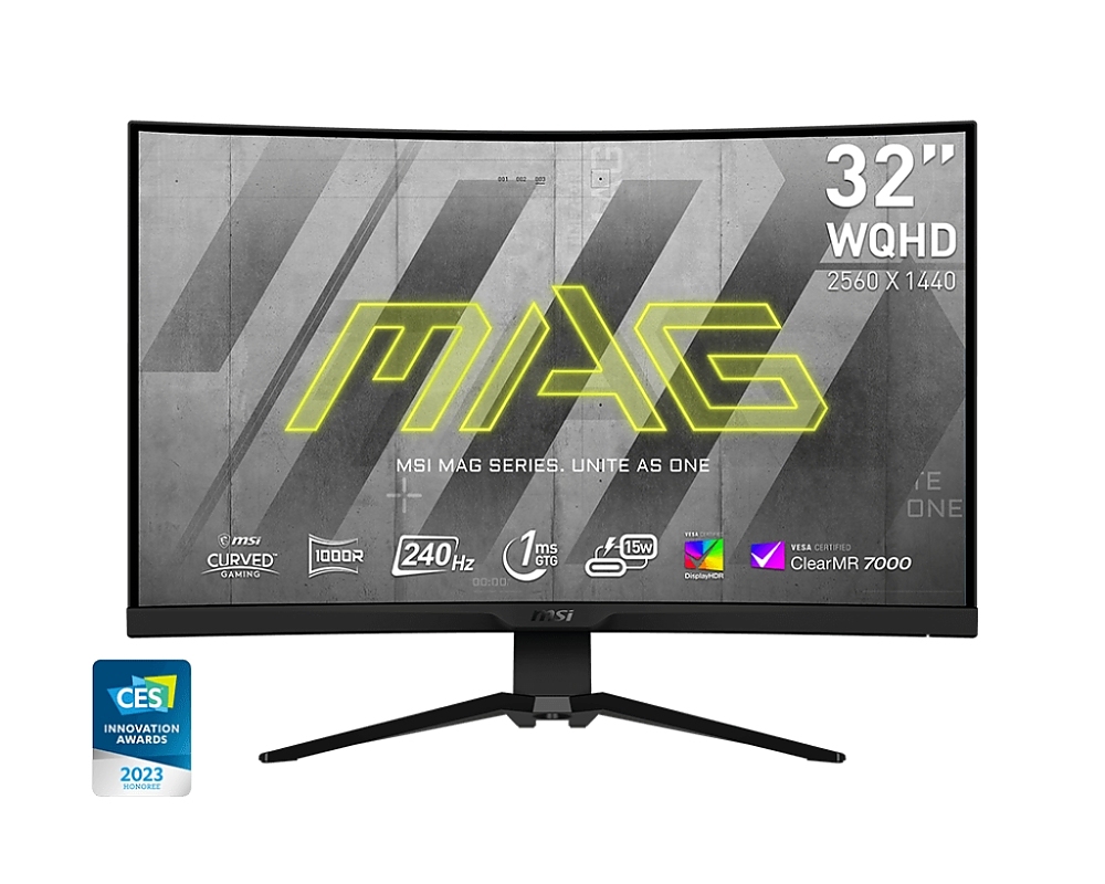 MSI MAG 325CQRXF, 31.5", Rapid VA, 240Hz, 1ms, WQHD 2560x1440, FreeSync Premium, HDR 400, ClearMR 7000, KVM, Mystic Light, Console mode, 400 nits, 4000:1, 100M;1, DP (1.4a), 2x HDMI (2.0), 1x Type-C (DP alt. PD 15W), USB HUB, Adj.Stand 100mm, Tilt, VESA