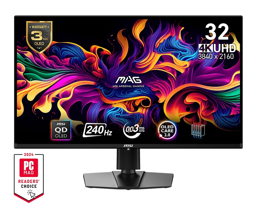 MSI MAG 321UPX QD-OLED, 31.5", 240Hz, 0.03ms, UHD 3840x2160, Oled Care 2.0, Fanless Design with Graphene, ClearMR 13000, HDR True Black 400, AI VISION, 250 nits, 1500000:1, 100M;1, DP (1.4a), 2x HDMI (2.1), Type-C (DP alt. PD 15W), Adj.Stand 100mm, VESA