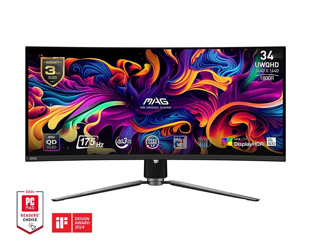 MSI MAG 341CQP QD-OLED, 34", 175Hz, 0.03ms, UWQHD 3440x1440, Oled Care 2.0, Fanless Design with Graphene, ClearMR 9000, HDR True Black 400, KVM, 250 nits, 1500000:1, 100M;1, DP (1.4a), 2x HDMI (2.1), Type-C (DP alt. PD 15W), USB HUB, Adj.Stand 100mm, VES