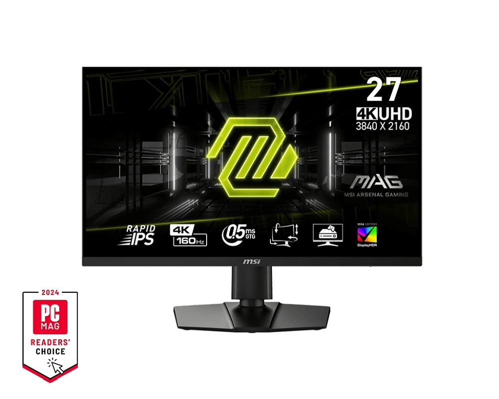 MSI MAG 274UPF E2, 27", Rapid IPS, 160Hz, 0.5ms, UHD 3840x2160, Flat, HDR 400, AI Vision, FreeSync, PIP, PBP, VRR, ALLM, CEC, 400 nits, 1000:1, 100M:1, 1x DP(1.4a), 2x HDMI (2.1), 1x Type-C (DP alt. PD 15W), Adj.Stand 130mm, Tilt, Swivel, Pivot, VESA