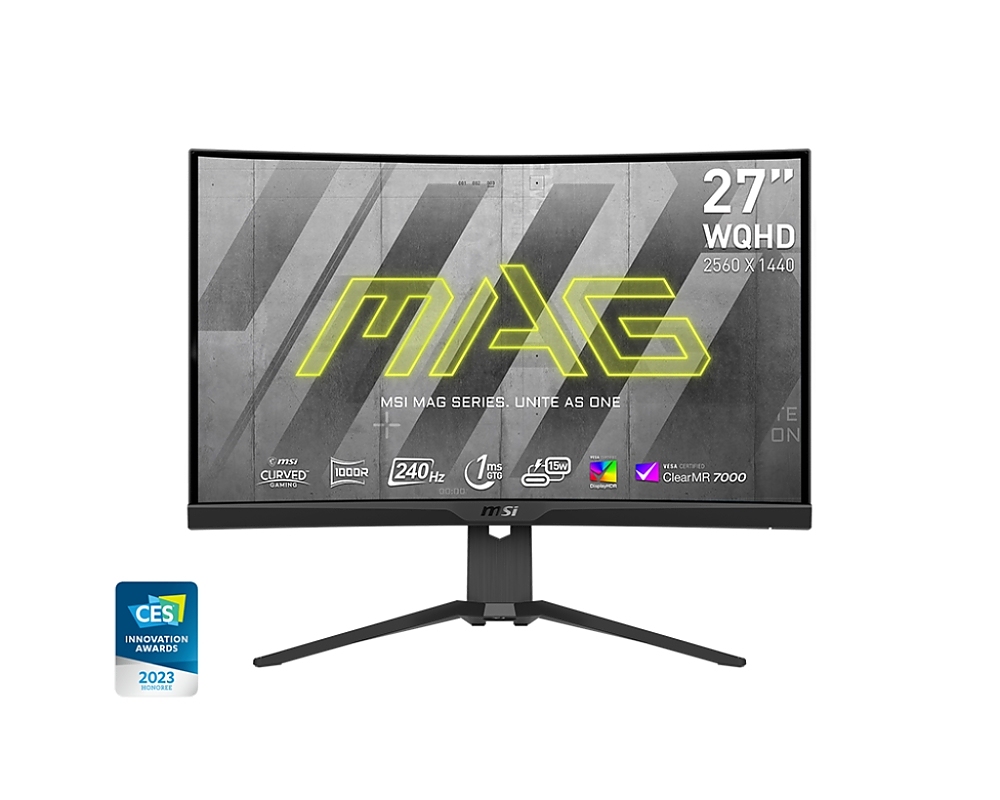 MSI MAG 275CQRXF, 27", Rapid VA, 240Hz, 1ms, WQHD 2560x1440, FreeSync Premium, Curved, HDR 400, ClearMR 7000, APP, KVM, Mystic Light, Console Mode, 300 nits, 2500:1, 100M:1, 1x DP(1.4a), 2x HDMI (2.0b), 1x Type-C (DP alt.), Heigh Adj. 130mm, Tilt, Vesa