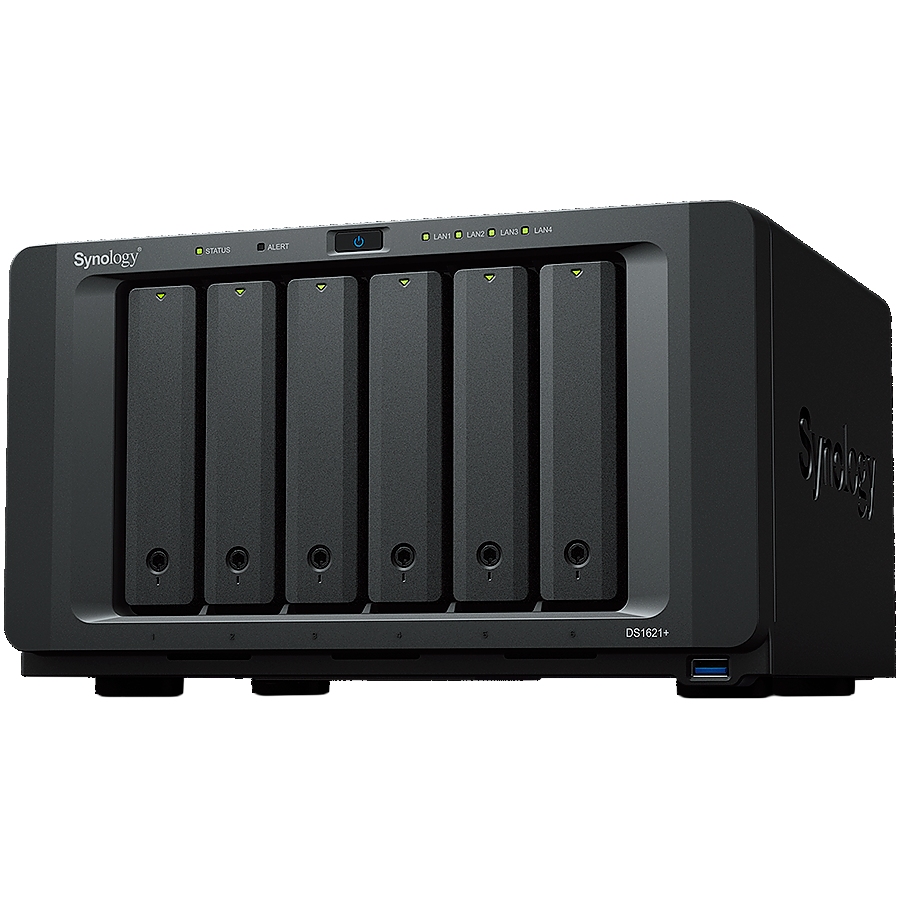 Synology DiskStation DS1621+,Tower,6-Bay 3.5'' SATA HDD/SSD, 2 x M.2 2280 NVMe SSD, CPU AMD Ryzen Quad-Core 2.2 GHz, 4 GB DDR4, 4 x RJ-45 1 GbE LAN, 3 x USB 3.0, 2 x eSATA (Expandable to 16 Bays with 2 x DX517), 1 x Gen3 x8 PCIe,5.1kg, 3y warranty