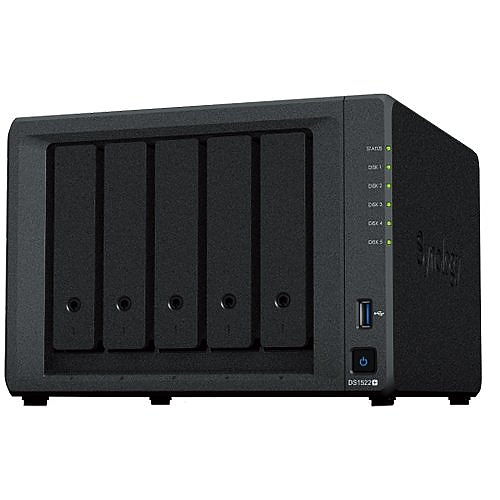 Synology DiskStation DS1522+,Tower, 5-Bay 3.5'' SATA HDD/SSD,2 x M.2 2280 NVMe SSD, CPU AMD Ryzen™ R1600 dual-core (4-thread) 2.6 GHz, max. boost clock up to 3.1 GHz, 8GB DDR4 ECC SODIMM, 4 x 1Gbe, 2xUSB 3.2, 2 x eSATA, 2.7 kg, 3y