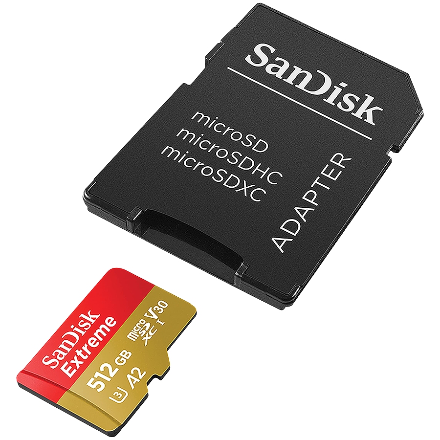 SANDISK Extreme 512GB microSDXC + SD Adapter + 1 year RescuePRO Deluxe up to 190MB/s & 130MB/s Read/Write speeds A2 C10 V30 UHS-I U3