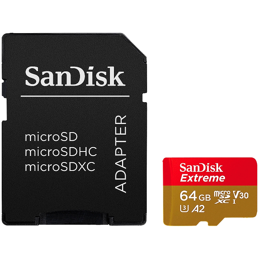 SANDISK Extreme 64GB microSDXC + SD Adapter + 1 year RescuePRO Deluxe up to 170MB/s & 80MB/s Read/Write speeds A2 C10 V30 UHS-I U3